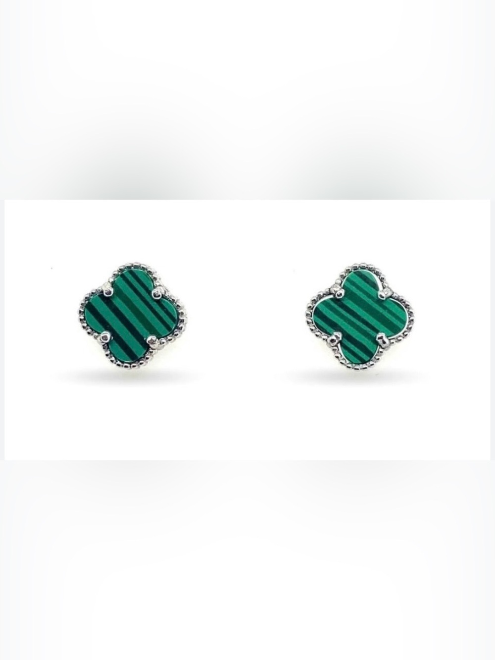 NWT 4MM Green Malachite & 925 Solid Sterling Silver Clover Stud Earrings
